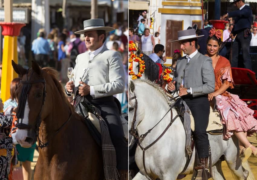 Reiter-mit-Sherryglas-in-Jerez-de-la-Frontera-und-Paar-bei-der-Feria-del-Caballo